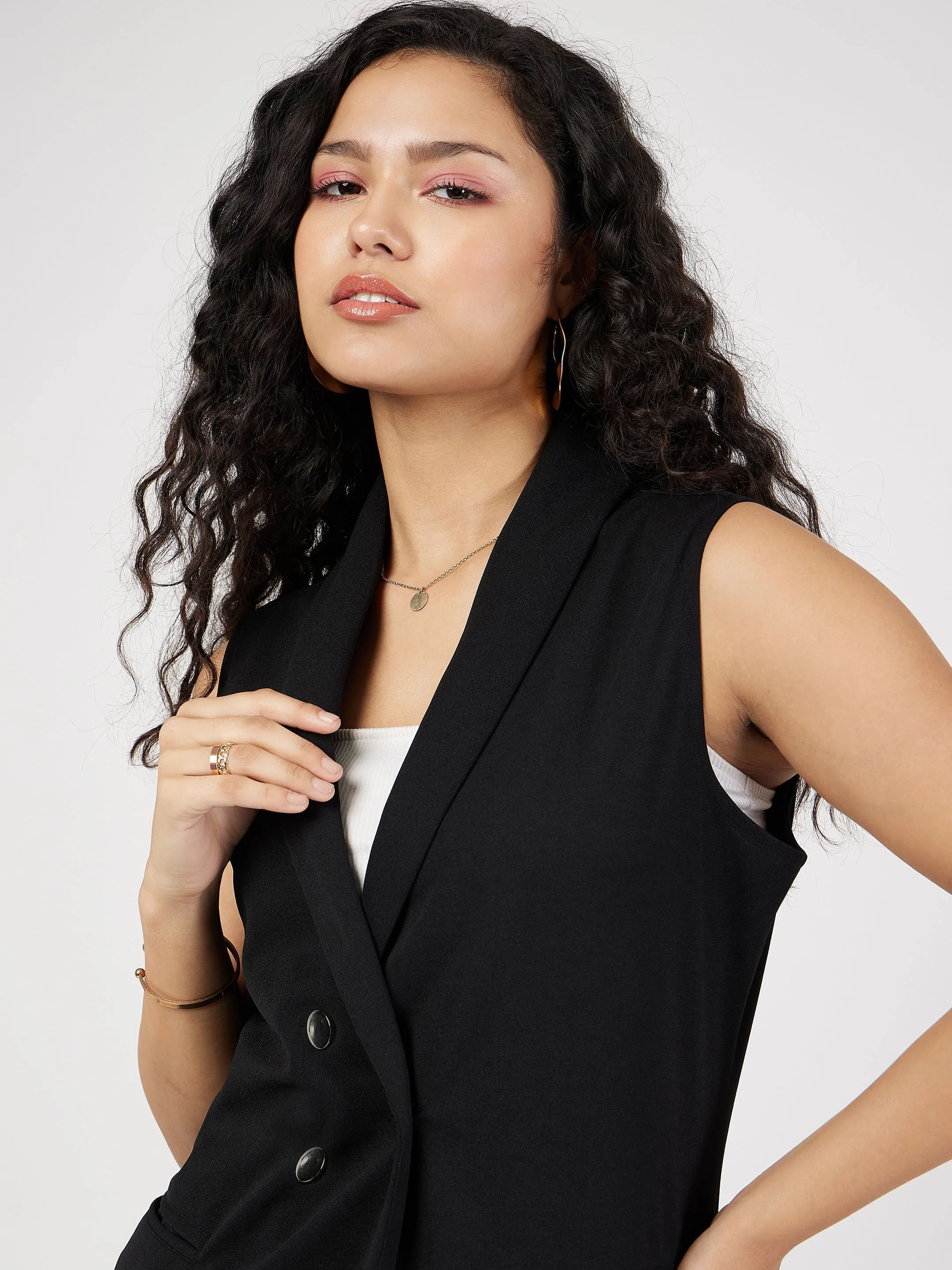 Women Black Double-Breast Sleeveless Longline Blazer