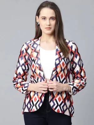 Women Multi-Coloured Satin Finish Printed Single-Breasted Blazer