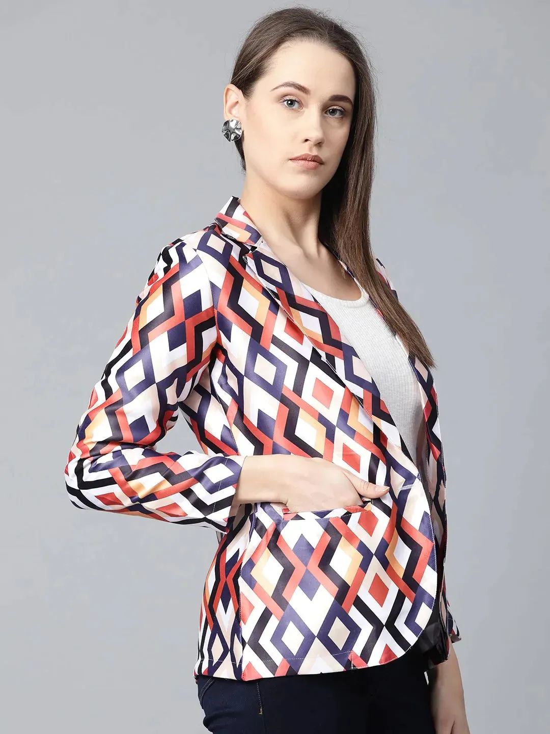 Women Multi-Coloured Satin Finish Printed Single-Breasted Blazer