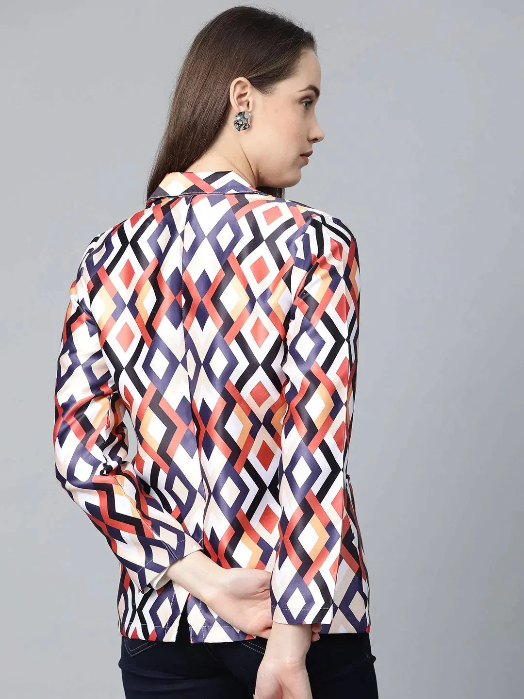 Women Multi-Coloured Satin Finish Printed Single-Breasted Blazer