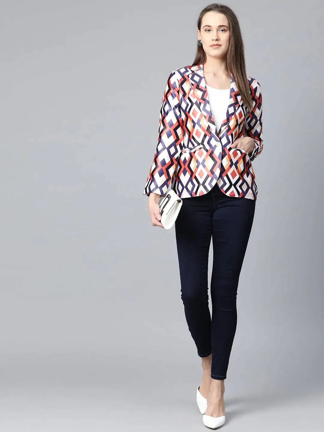 Women Multi-Coloured Satin Finish Printed Single-Breasted Blazer