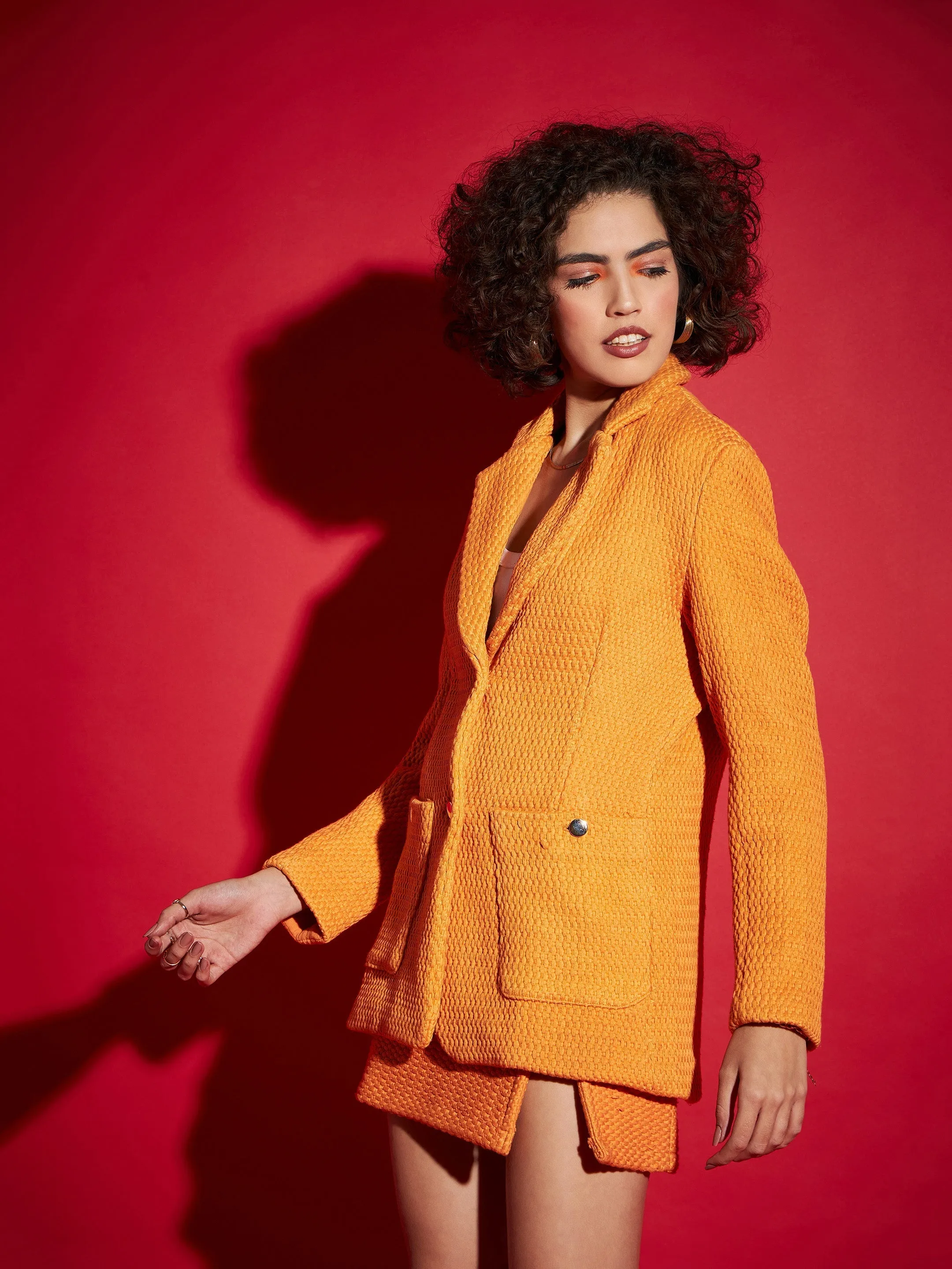 Women Orange Tweed Notch Collar Blazer