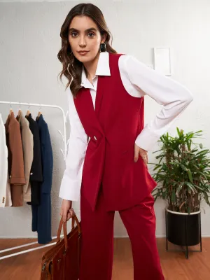 Women Red Double-Breast Sleeveless Longline Blazer