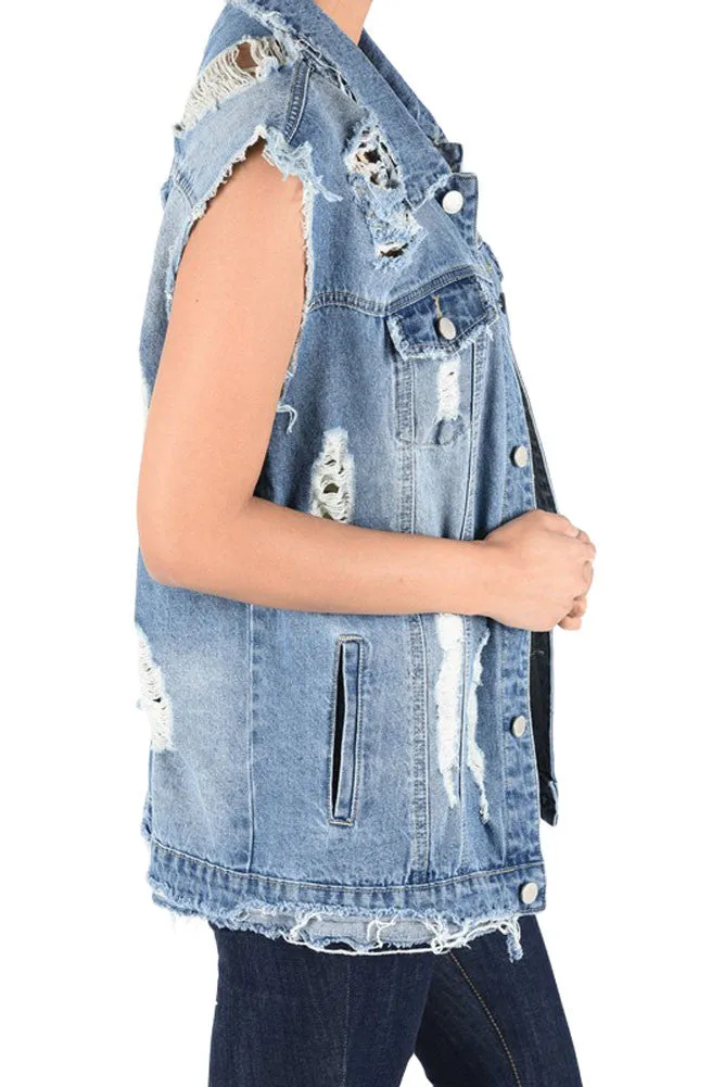 Women's Oversized Destroyed Denim Vest