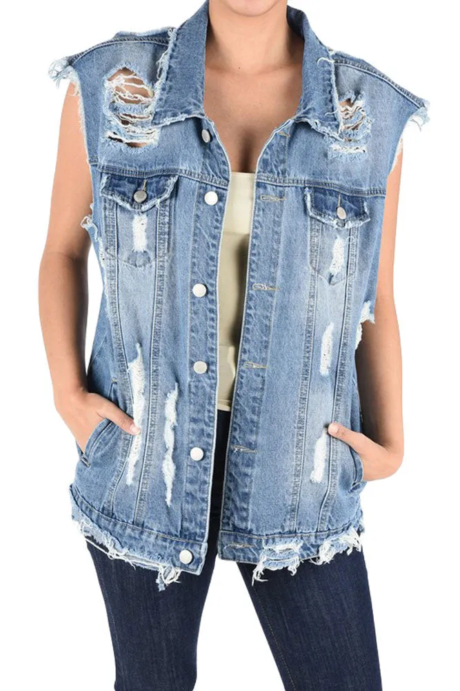 Women's Oversized Destroyed Denim Vest