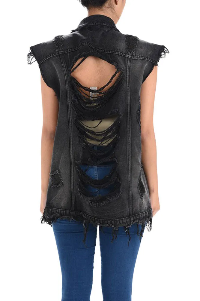 Women's Oversized Destroyed Denim Vest