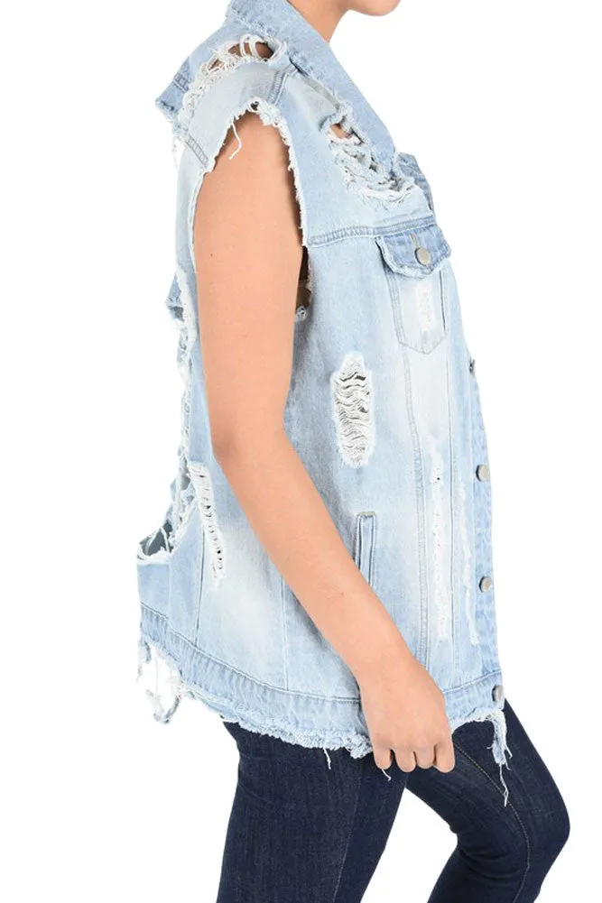 Women's Oversized Destroyed Denim Vest