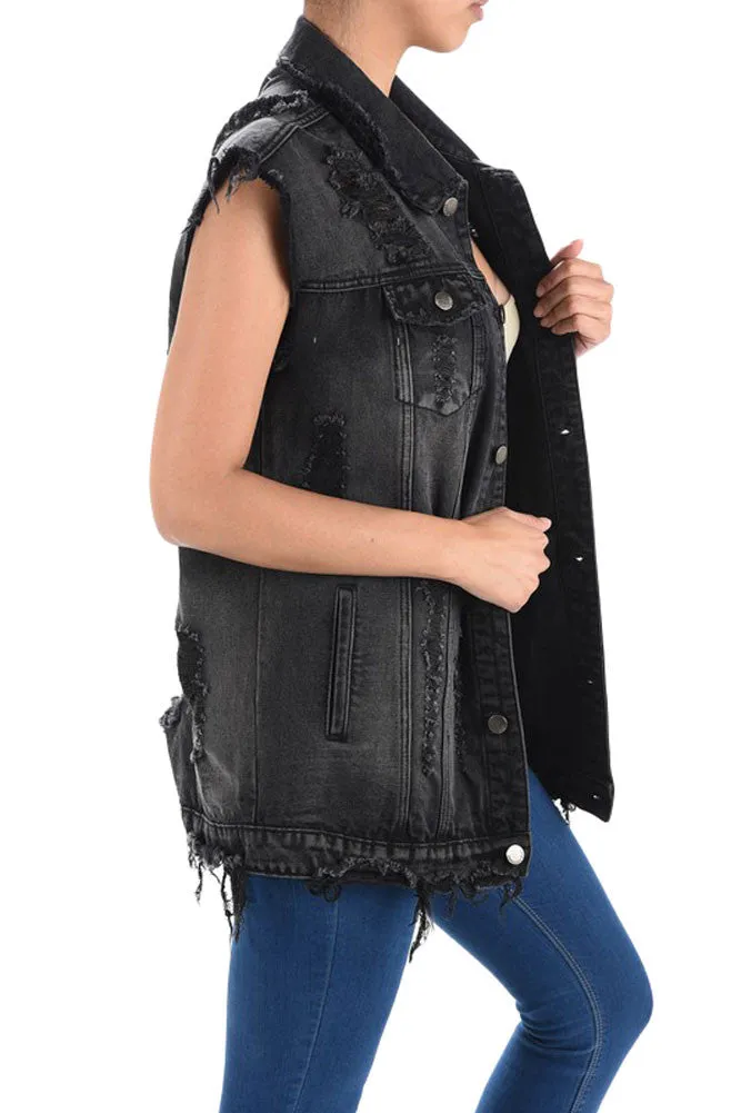 Women's Oversized Destroyed Denim Vest