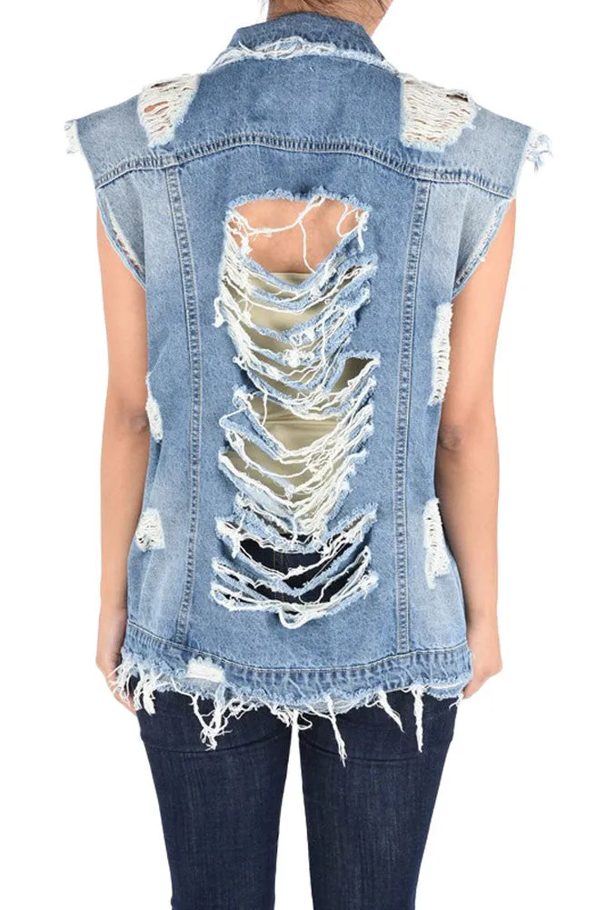 Women's Oversized Destroyed Denim Vest