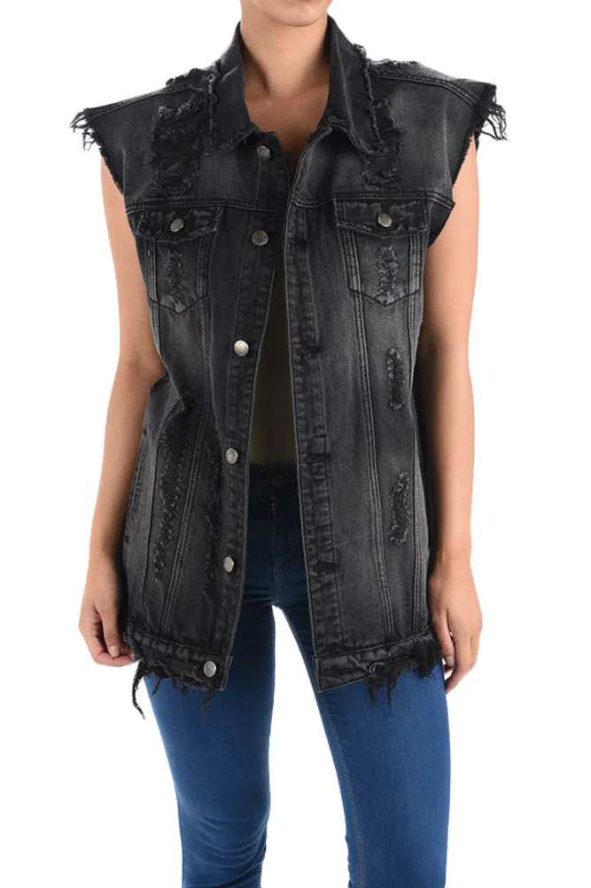 Women's Oversized Destroyed Denim Vest