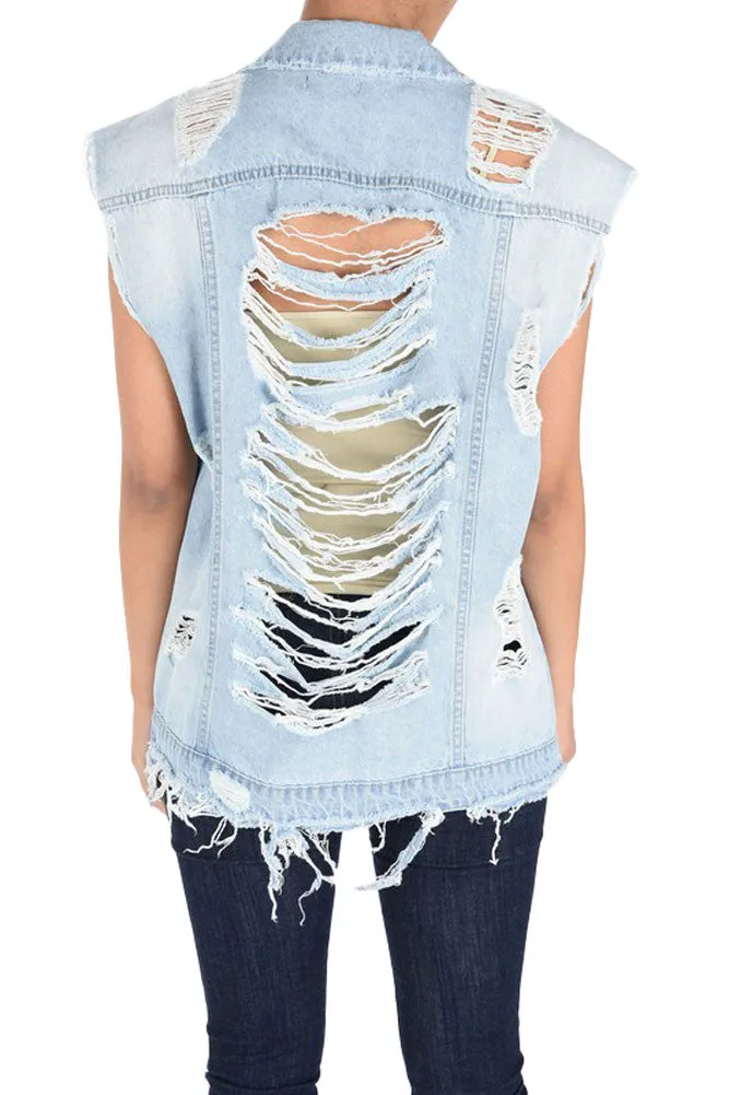 Women's Oversized Destroyed Denim Vest